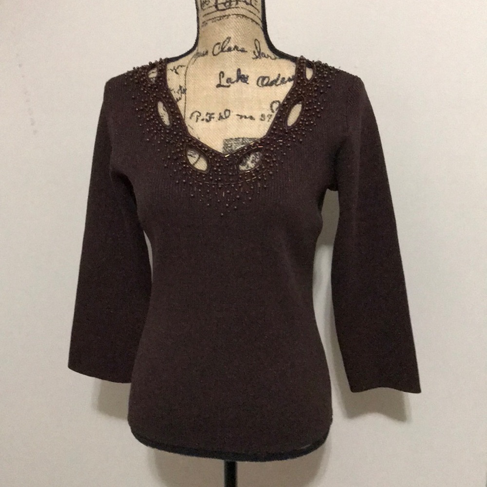 BROWN SPARKLING BLOUSE /SWEATER CABLE & GAUGE L